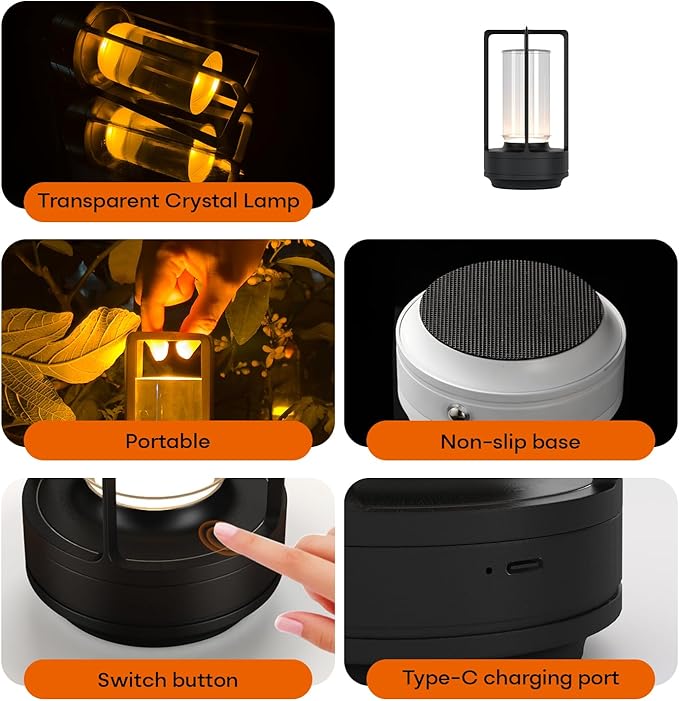 Portable Metal Table Lamp for Indoor/Outdoor ,Rechargeable Cordless LED Lamp, 3-Colour Infinitely Dimming Battery Powered Small Desk Lamp, Restaurant/Bedroom/Bar/Coffee/Camping Light (Black Set of 2)