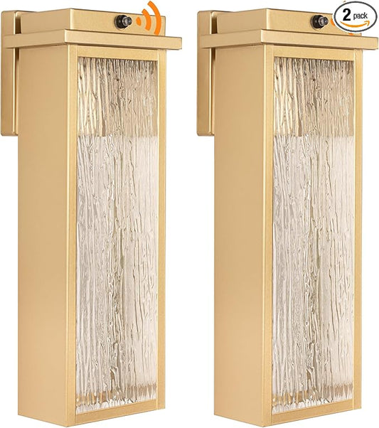 16" Dusk to Dawn LED Outdoor Light 2 Packs, Gold Outside Porch Lights Wall Mount, Large Exterior Lighting Fixtures with Rippled Glass, Waterproof Modern Wall Lantern for House, Patio