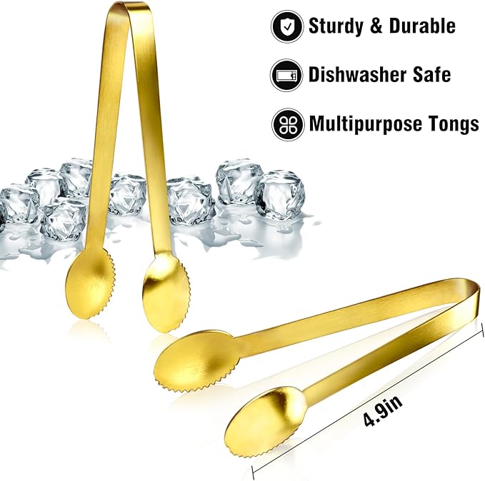 JCREN 12 Pcs Gold Tongs - Stainless Steel Serving Tongs for Food, Appetizers, Desserts - 4.9inch