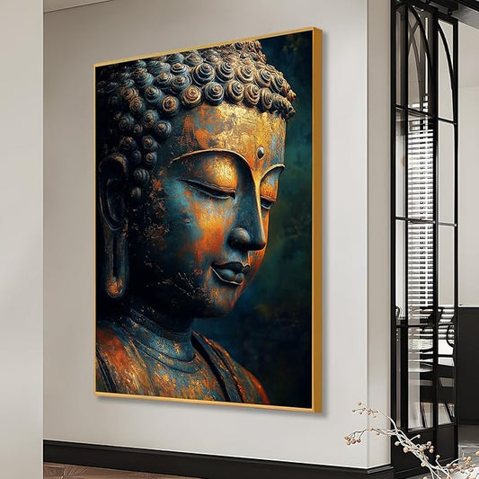 Buddha Statue Canvas Art, Zen Meditation Décor, Framed Print for Bedroom, Yoga Room, and Living Room (Gold Framed, 15"x24"|40x60cm)