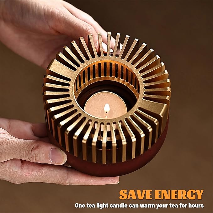 Inmorven Teapot Warmer, Aluminum Tea Warmer with Wooden Base, Candle Heater for Heating Tea, Coffee, Milk, Food,Camping and Traveling, Suitable for All Teapots