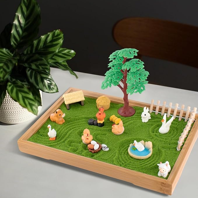 31 Pcs Zen Garden Kit for Desk, Mini Zen Sand Garden with Wooden Tray & Rake, Japanese Gift Set for Home, Office Desk Decor