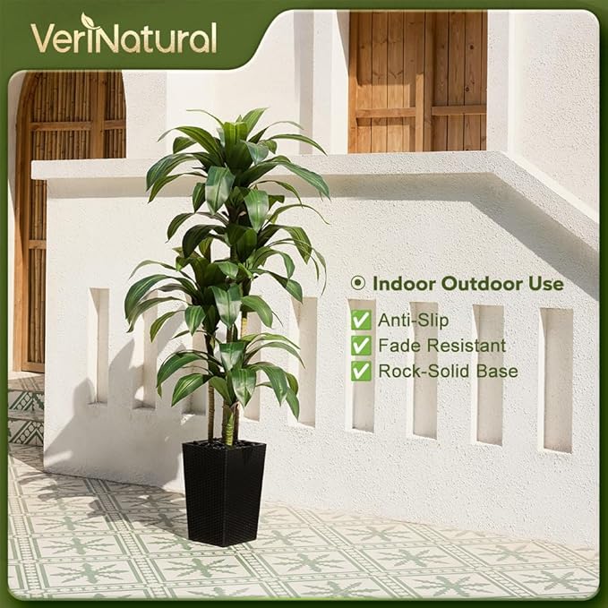 Artificial Dracaena Tree 6FT - Fake Tree with Black Taper Planter & Pebbles - UV Resistant Faux Yucca Tropical Plant - Artificial Trees for Home Office Living Room Decor Indoor Outdoor