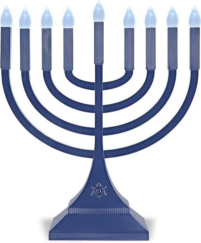 Zion Judaica 9" LED Hanukkah Menorah Blue Powered by Batteries or Included 3' USB C Cable Flameless Chanukkah Candles Holder LED Electric Minorah Bulbs Chanukah Decoration Lights Hanukkiah