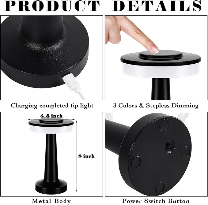 VIHOSE 8 Pcs Black Cordless Table Lamps LED Portable Rechargeable Table Lamp with Touch Sensor 3 Color Dimming up to 15 Hours Battery Desk Light for Restaurant Nursery Living Room