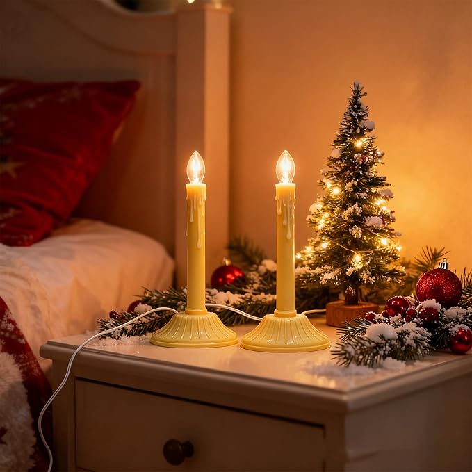 1 Light Electric Window Candles, Pack of 2 Christmas Candle Lights with 4 C7 Clear Bulbs(2 Spare), Plug in Electric Candles for Window Christmas Weddings Home Table Decorotions, Ivory