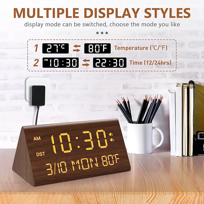 Kogonee Wooden Digital Alarm Clock, 0-100% Dimmer, 2 Alarm Settings, Weekday/Everyday Mode, 9 Mins Snooze, 12/24H, Temperature and Date Display for Office, Travel, Bedroom Alarm Clock (Brown)