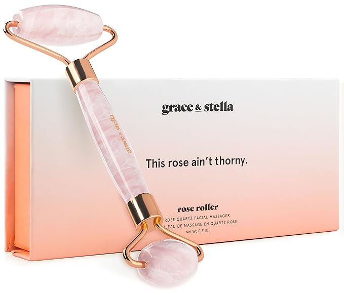 Rose Quartz Face Roller - Face Roller Skin Care - Facial Roller - Stone Roller For Face - Face Massager Roller For Lymphatic Drainage, Puffiness - Quartz Roller For Face by grace and stella
