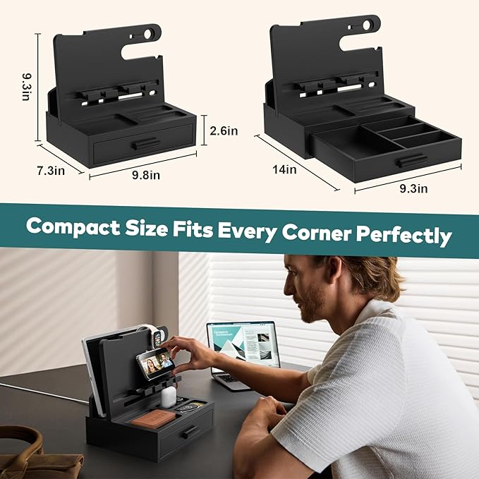 Sephyroth Bamboo Phone Docking Station Nightstand Organizer Bedside Organizer Cell Phone Stand Gifts for Men, Dad Gifts for Boyfriend Gift for Husband with Drawer Storage (Black)