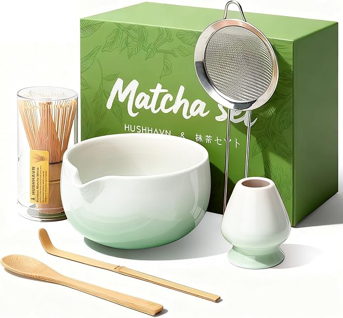 Matcha Whisk Set, Ceramic Matcha Set Includes Bowl & Holder, Bamboo Whisk (Chasen), Scoop, Spoon and Sifter, 6PCS Matcha Kit Covers Everything Needed for Making Matcha (Green)