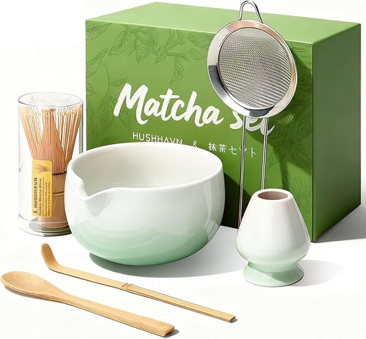 Matcha Whisk Set, Ceramic Matcha Set Includes Bowl & Holder, Bamboo Whisk (Chasen), Scoop, Spoon and Sifter, 6PCS Matcha Kit Covers Everything Needed for Making Matcha (Green)
