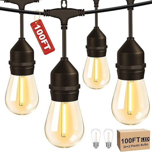 100FT LED Outdoor String Lights with 30+2 Shatterproof Bulbs, IP65 Waterproof, Commercial Grade Patio String Lights for Outside Porch Backyard Garden Deck Decor, 2700K Dimmable
