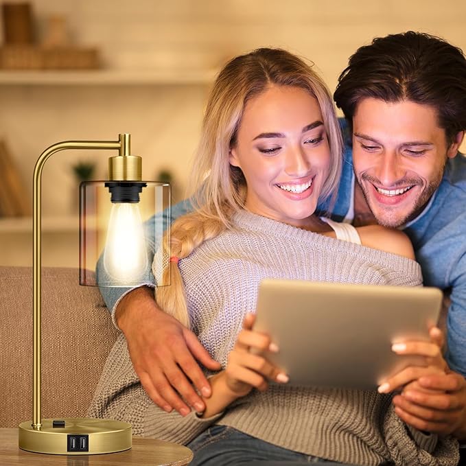 Industrial Touch Table Lamps Set of 2-2 USB Ports & AC Outlet Nightstand Lamps, 3-Way Dimmable Bedside Desk Lamp for Living Room Bedroom, Glass Shade & 2 LED Bulbs Included - Brass