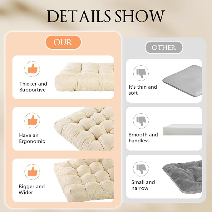 Meditation Floor Cushions Set of 2, Thickened Floor Pillow for Adults, Large Square Pillows Seat Cushion for Tatami Living Room Yoga, Memory Sponge Block Added, 22x22 Inch, Beige