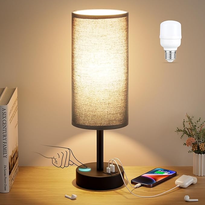 Black Touch Bedroom Lamp with USB - 3 Way Dimmable Table Lamp for Bedroom, Nightstand Lamp with Black Charging Station for Desk Dorm, Office, Boy Kids Room, Small
