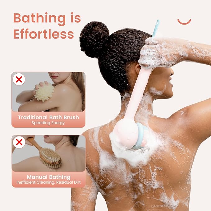 Electric Back Scrubber for Shower Body Brush, Waterproof Shower Body Scrubber for Cleansing, Massaging, Rechargeable Bath Brush for Kids & Adults with 2 Heads & 3 Speed Modes, Berry Pink XY0