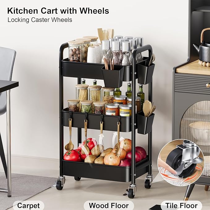 3 Tier Rolling Cart with Lockable Wheels, Metal Diaper Caddy Cart Organizer for Baby Essentials, Black Storage Utility Cart for Craft, Snack, Rolling Carts with Wheels for Lash Techs, Art, Bathroom