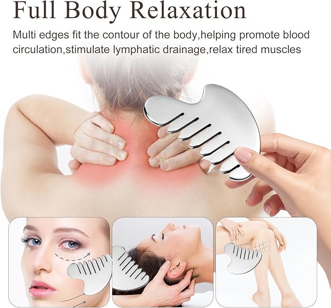 Gua Sha Facial Tools and Face Roller Set, Lymphatic Drainage Massager，Stainless Steel Facial Sculpting Eyes Roller Guasha for Face, Chin & Jawline Sculpting,Skin Care (Silver)