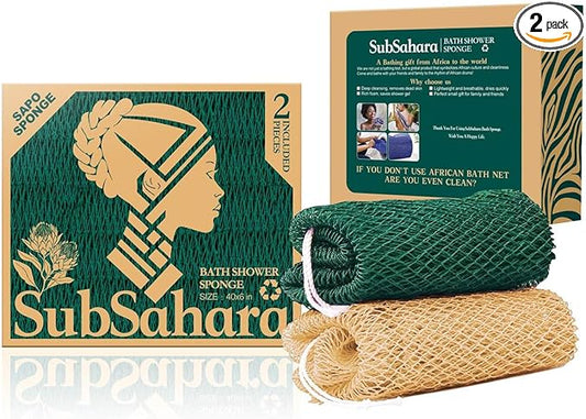 SubSahara Authentic African Net Sponge - 2 Pieces Exfoliating Scrubber for All Skin Types, Bath Sponge for Face & Body, Travel Portable, Durable, Gentle Exfoliation (Golden & Forest Green)