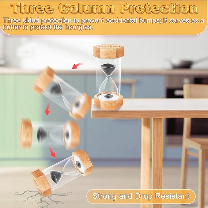 Hourglass Sand Timer 10 Minute, Natural Wood Grain Hexagonal Hour Glass Blaçk Sand Clock, Reloj De Arena, Wooden Sandglass Sand Watch 10 Min for Kids Rustic Desk Decor, Office, Game, Classroom