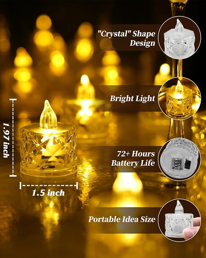24 Pack Flameless Tea Lights Battery Operated, Crystal LED Tealight, Votive Fake Candles for Valentines Wedding Decorations