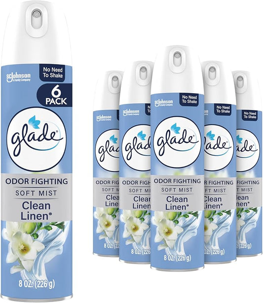 Glade Air Freshener Room Spray, Clean Linen Scent, Odor Fighting to Deliver Long Lasting Freshness, 8 Oz, 6 Count