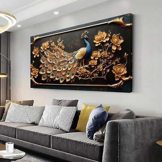 ZESTRILIA Pretty Peacock Wall Art for Living Room Office Gold Country Rustic Retro Asian Canvas Painting Prints Golden Vintage Elegant Peackock Artwork Dining Bedroom Decor (40x20 Inches)
