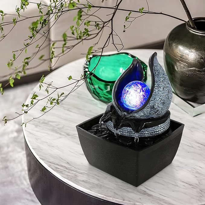 WICHEMI Water Fountains Indoor Waterfall Fountain Mini Tabletop Fountain with LED Rolling Ball Water Feature Indoor Zen Meditation for Home and Office Indoor Spaces Decor (Style 1)