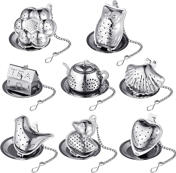 Vesici 10 Sets Loose Leaf Tea Infuser Set Stainless Steel Tea Strainer for Loose Tea Holder Infuser Ball Tea Filter Includes Chain Hooks and 1 Drip Trays with 1 Tea Spoon for Brew Tea Leaves Mug