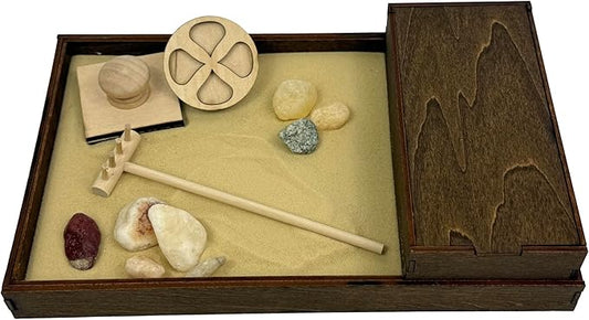 Wooden Zen Garden with Storage Box | Desert Luxe Sand with Rake & Accessories | Minimalist Decor Gift for Relaxation