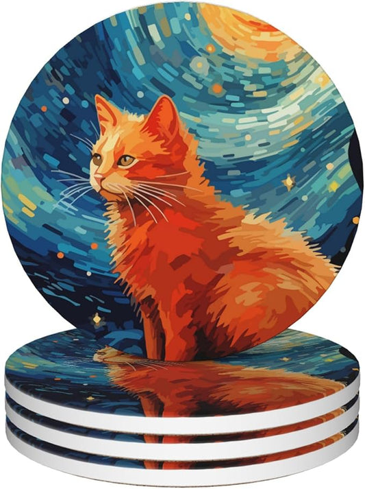 Starry Night Cat Coasters Set of 4, Round 4" Absorbent Ceramic Stone Coasters with Cork Base, Cute Table Home Decor, Ideal Gifts for Women Men