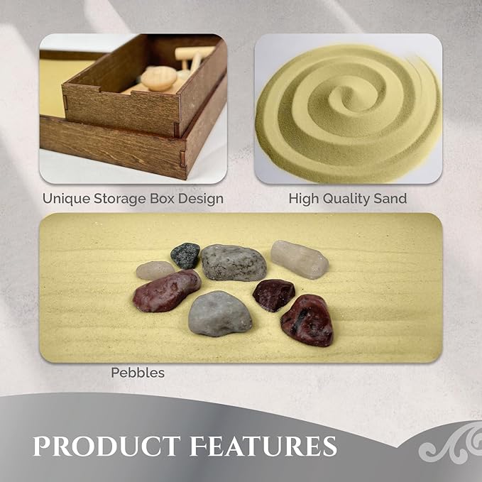 Wooden Zen Garden with Storage Box | Desert Luxe Sand with Rake & Accessories | Minimalist Decor Gift for Relaxation