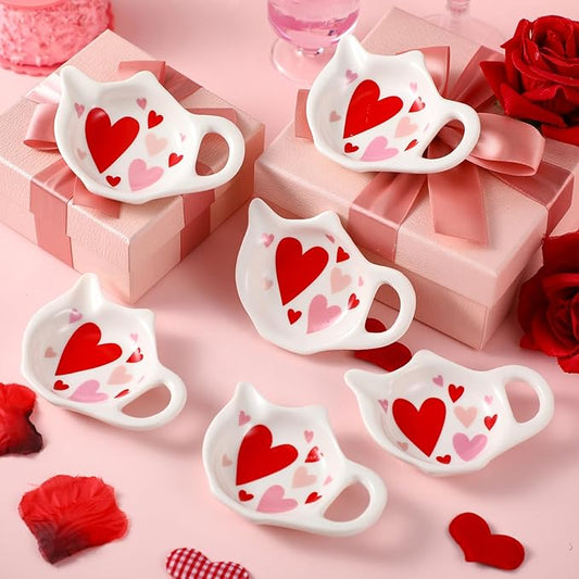 Set of 6 Valentines Love Hearts Tea Bag Holders Porcelain Ceramic Teapot Shaped Coasters Tea Bag Plate Spoon Rests Pad Saucer Seasoning Dish Set for Party Decoration Gifts, 3.7x2.75''