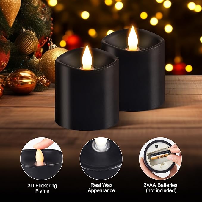 3x3 Flickering Flameless Candles Set of 2, Real Wax LED Candles,with Timer, 3 inch Flameless Candles with Remote,Battery Operated Candles, for Party/Wedding,Black