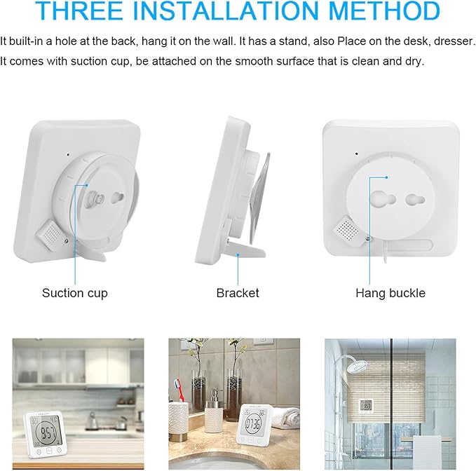 Digital Bathroom Shower Wall Clock, LCD Digital Wall Clock with Suction, Waterproof Temperature Humidity Gauge, Touch Screen Timer, Large Countdown Visual Timer (White)