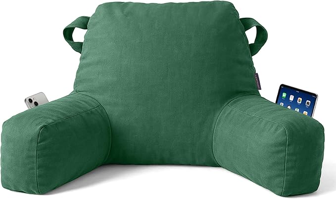 Portable Comfy Reading Pillows for Bed Sitting Up(Green Oeko-Tex), Velvet Back Pillow with Arms & Pockets for Adults, Support Memory Foam Bed Pillow for Dorm/Reading/Watching/Gaming