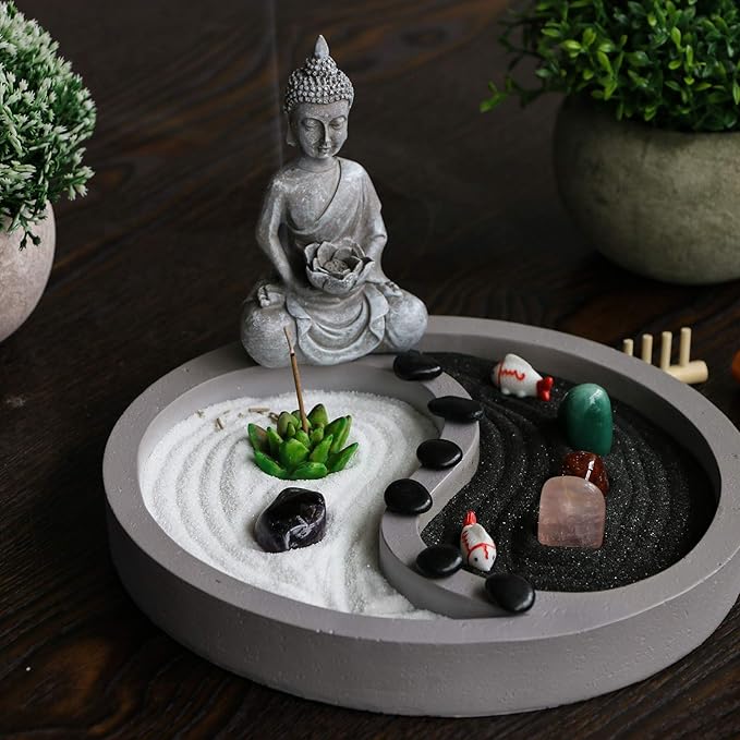 Mini Zen Garden Kit for-Desk - Yin Yang Crystal Sand Rock Garden with Zen Rake Buddha Statue Healing Stones White Sand, Japanese Meditation Gift Set for Home Office Desktop Fidget Toys