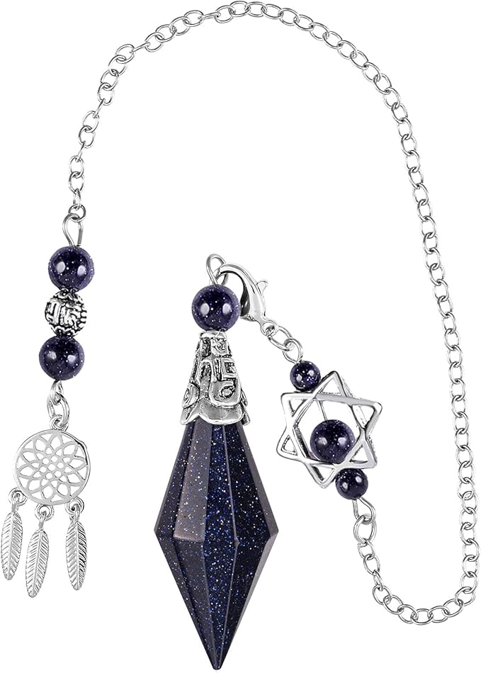 TUMBEELLUWA Reiki Healing Crystal Point Pendulum Dowsing Divination, Reiki Meditation Faceted Stone Pendant with Dream Catcher and Merkaba Star Chain, Blue Sand
