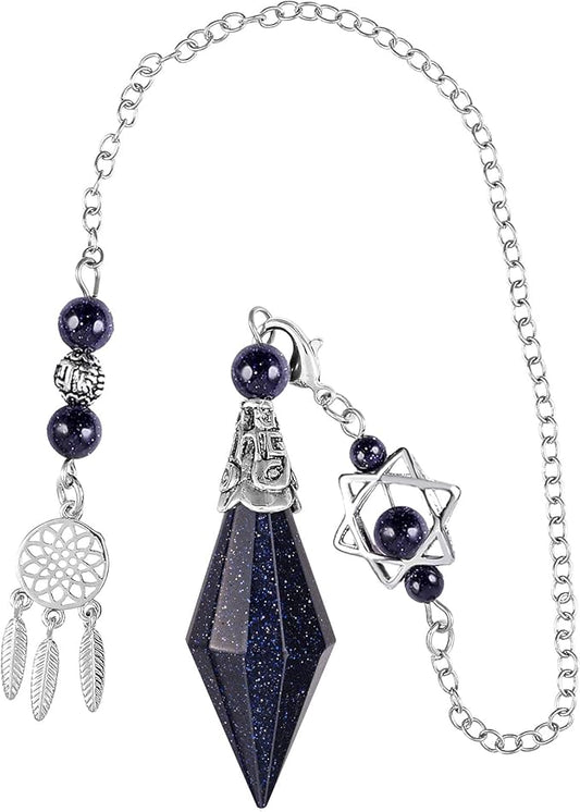 TUMBEELLUWA Reiki Healing Crystal Point Pendulum Dowsing Divination, Reiki Meditation Faceted Stone Pendant with Dream Catcher and Merkaba Star Chain, Blue Sand
