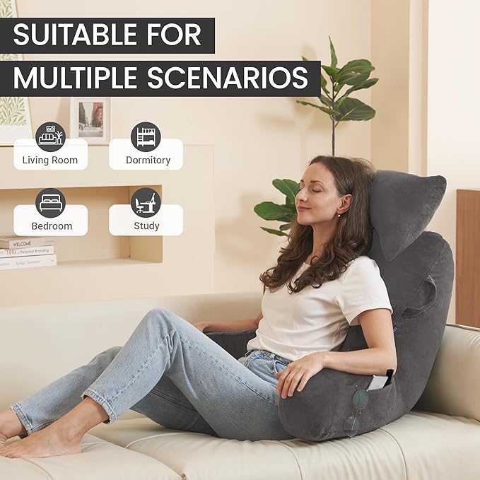 Portable Reading Pillows with Headrest for Bed Sitting Up(Light Grey Oeko-Tex), Velvet Back Pillow with Arms & Pockets for Adults, Support Memory Foam Bed Pillow for Dorm/Watching/Gaming