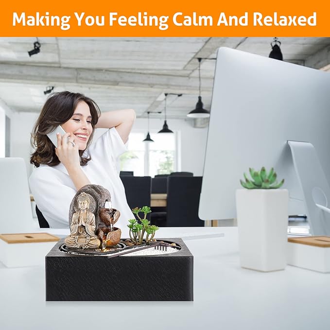 WICHEMI Waterfall Fountains Indoor Water Fountain Tabletop Fountain Zen Garden Buddha Fountain with LED Warm Light for Office Home and Bedroom Desktop Decor