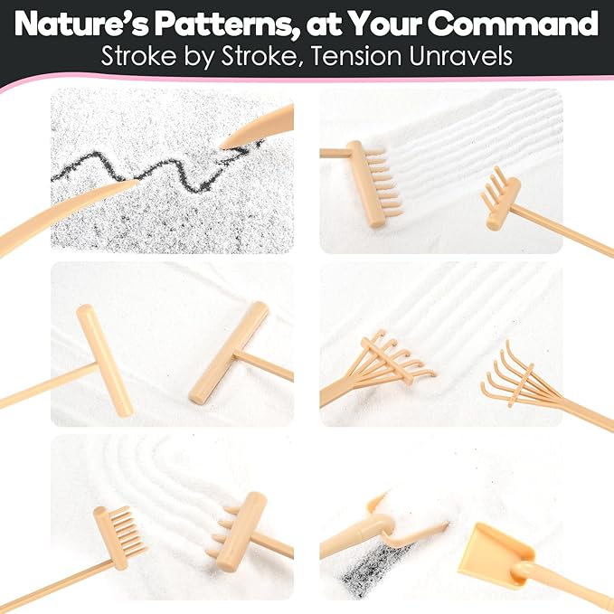 Zen Garden Kit for Desk 12x8in Premium Sand Tray Therapy Kit, Japanese Mini Zen Sand Garden Gift Set, 20 Accessories, Stress Relief Gifts, Meditation Home Office Desk Decor