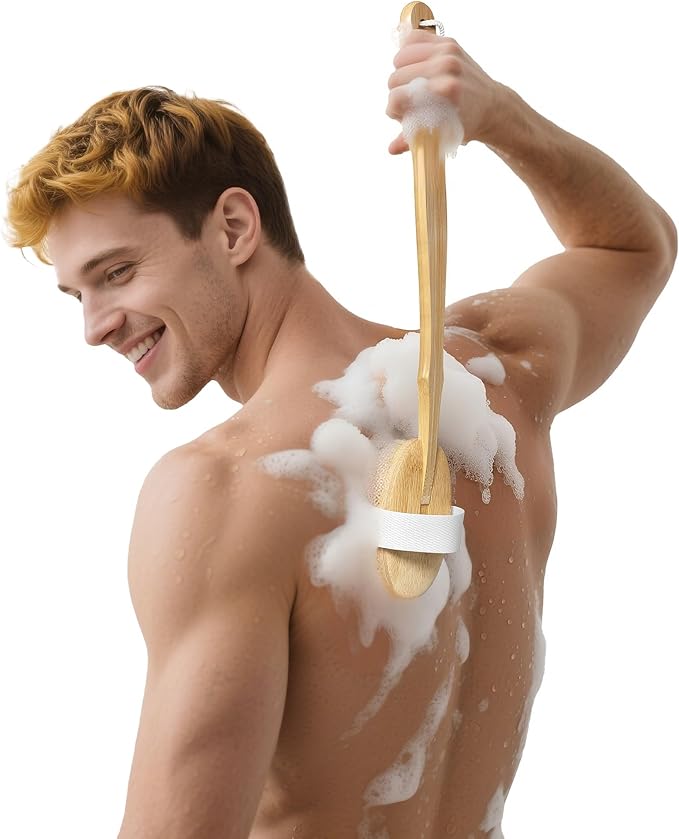 Readaeer Bamboo Bath Brush Set, Long Handles with 2 Removable Brush Heads, Bristle Bristles/Wood Massage Particles, Fine Soft Brush, 3 Brush Heads