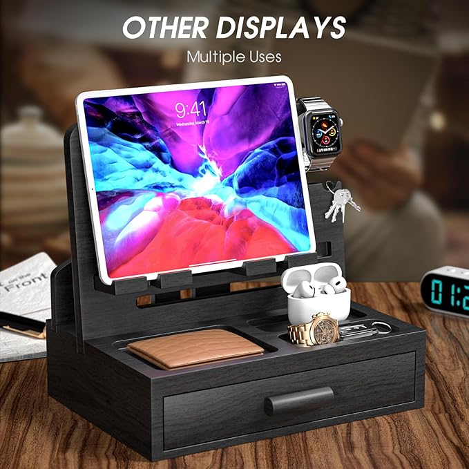 Sephyroth Bamboo Phone Docking Station Nightstand Organizer Bedside Organizer Cell Phone Stand Gifts for Men, Dad Gifts for Boyfriend Gift for Husband with Drawer Storage (Black)