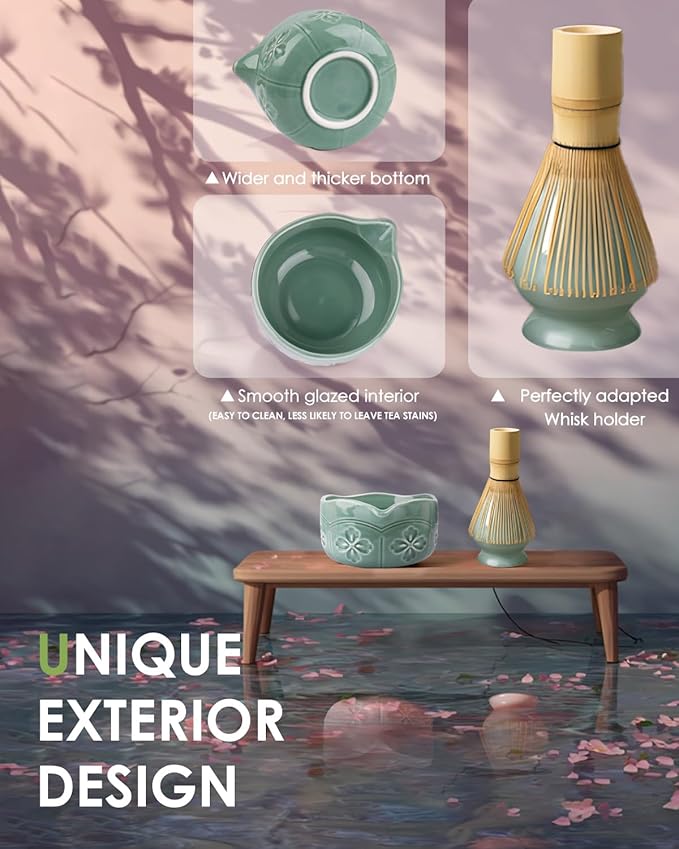 Matcha Whisk Set, Ceramic Matcha Bowl, Bamboo Whisk, Scoop, Sifter, Holder, Tea Towel - 6 Pcs Matcha Kit Gift for Matcha Lovers Beginners (Green)