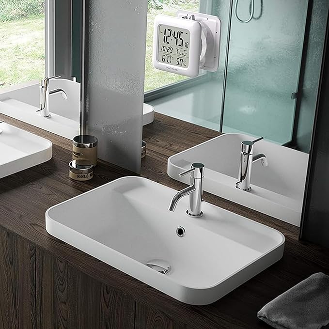 KADAMS Bathroom Clock 9.5" Kitchen Wall Clock with Large LCD Screen – Shower Clock with Suction Cup,Temperature, Humidity, Calendar – Water-Resistant, 4 Mounting Options, White