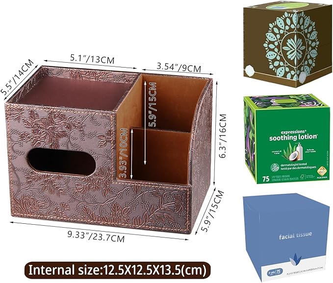 Leather Square Tissue Box Cover with Storage Tray,Cube Tissue Box Holder,Modern Facial Paper Organizer with Remote Control Holder for Bathroom,Vanity Countertop,End Table NightStand Home Office