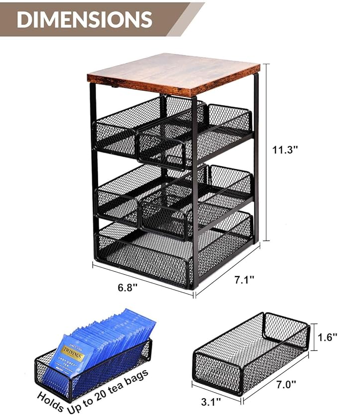 Tea Bag Organizer with 5 Drawers, Wooden & Metal Tea Storage Organizer for TeaBags, Coffee Pods, Creamers & Sugar – Countertop Tea Bag Holder for Coffee Bar and Kitchen, Space-Saving Tea Storage Rack