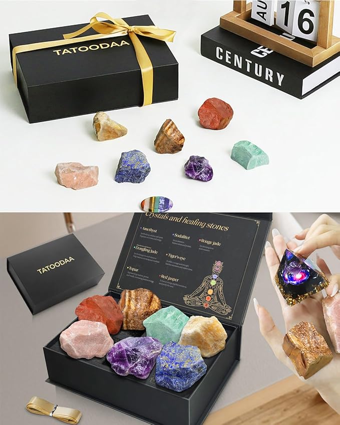 Crystals and Healing Stones Set with Orgonite Pyramid - (2-2.5 inch) Large 7 Chakras Stones, Positive Energy Healing Stones for Meditation Spiritual Protection, Christmas Birthday Gifts for Women