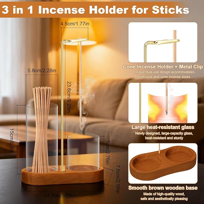 Incense Holder, 3-in-1 Incense Holder for Incense Sticks and Cones, with Extra-Large Ash Collector, Ash-Proof Incense Burner with Brush, Suitable for Meditation, Yoga, Spa and Home Decoration
